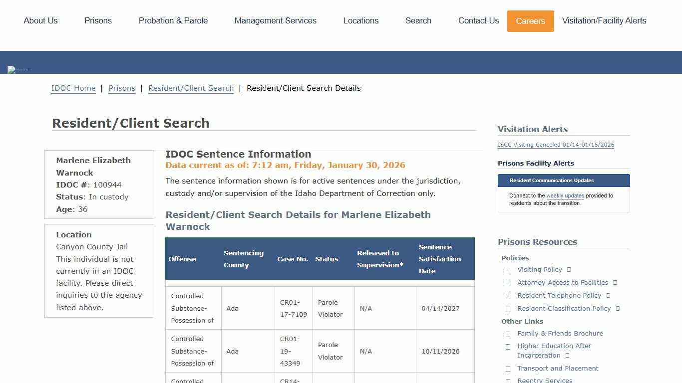 Resident/Client Search Details Idaho Department of Correction